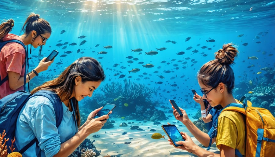 A diverse group of citizen scientists of different ages using smartphones and tablets on a beach to document marine ecosystem data, with a coral reef in the backdrop symbolizing community involvement in climate research.