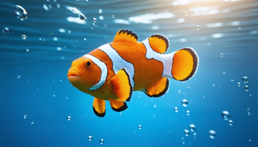 Pair of clownfish engaging in mating ritual with visible chemical release trails in water