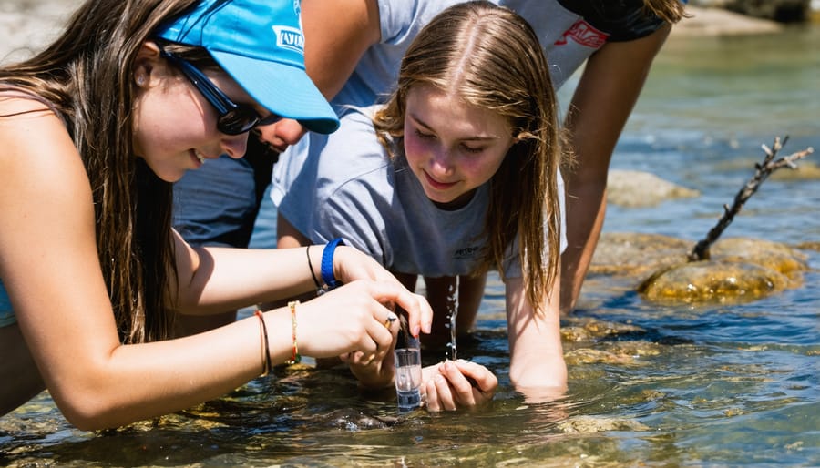 Students conducting field research on rocky coastline with scientific equipment