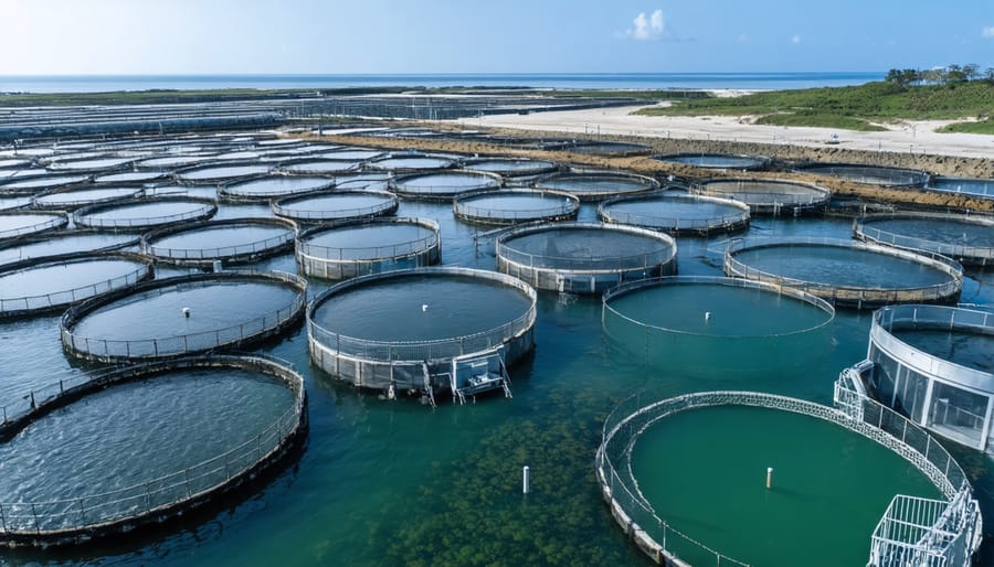 Aerial view of multiple circular fish farming pens in coastal waters at sunset