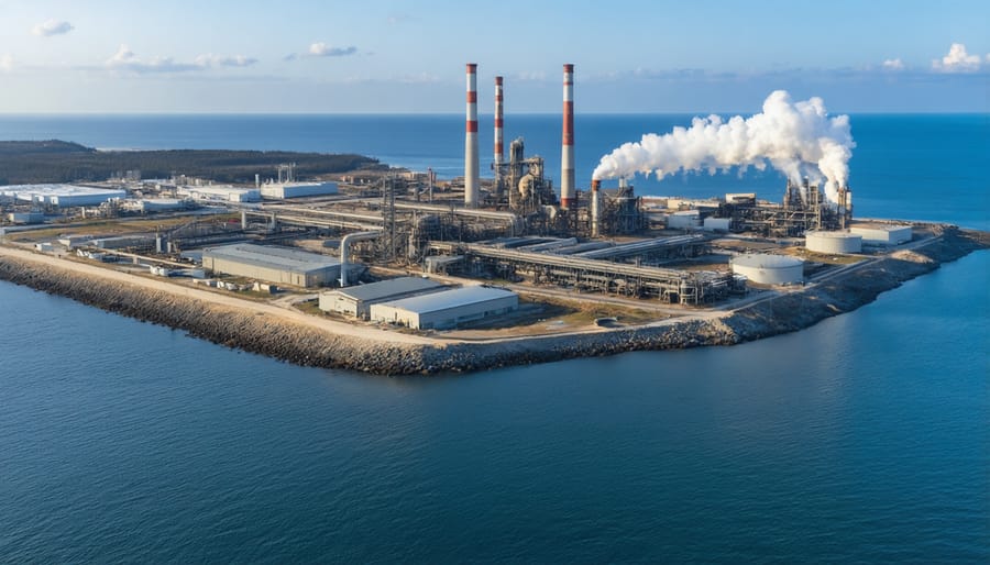 Industrial facilities along coastline with visible emissions and ocean in background