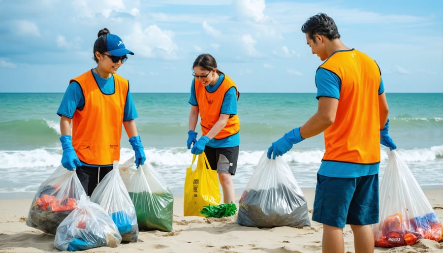 Community members collecting marine debris and plastic waste during an organized beach cleanup