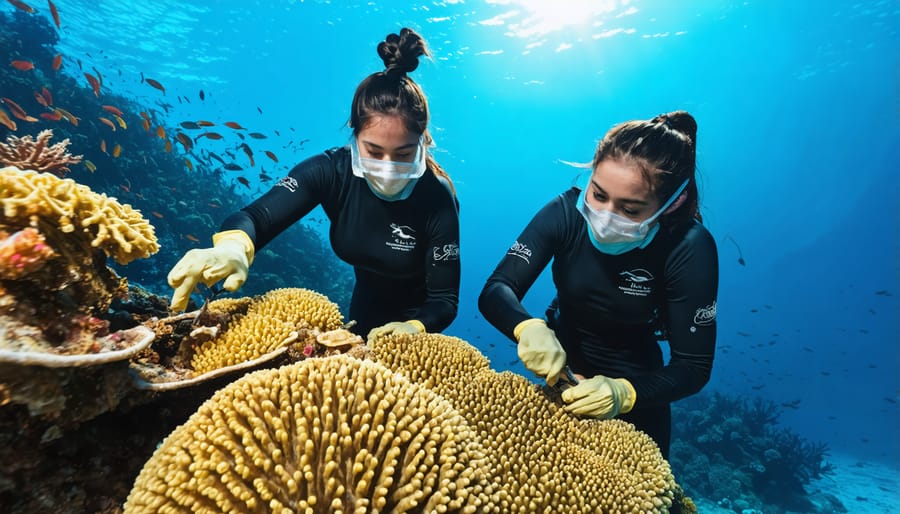 Group of scuba divers working together on underwater coral reef restoration project