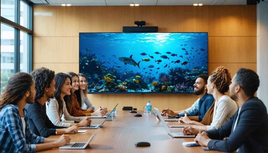 Community leaders and residents gathered around a screen participating in an online marine conservation seminar