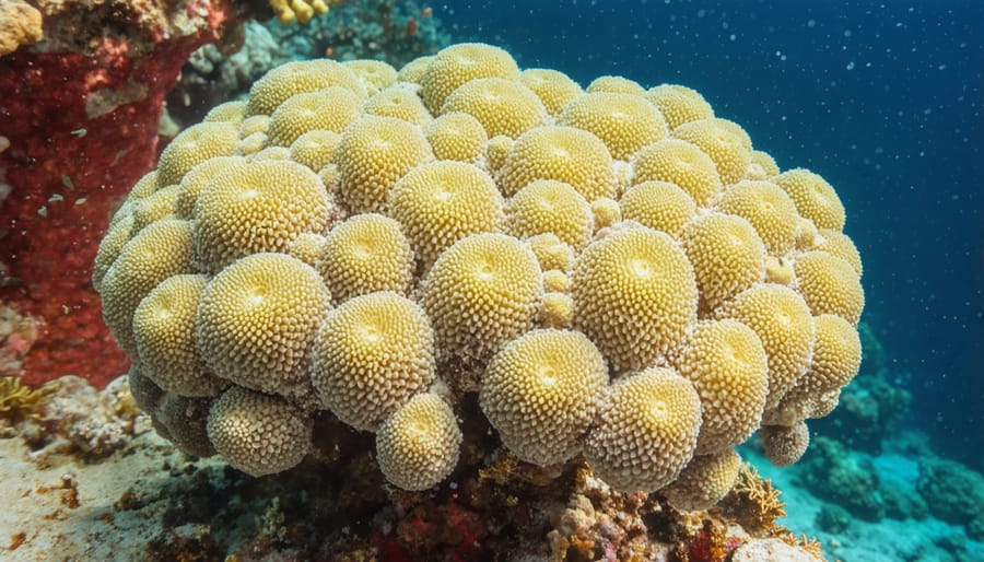 Close-up of colorful coral growing on artificial reef with fish swimming nearby