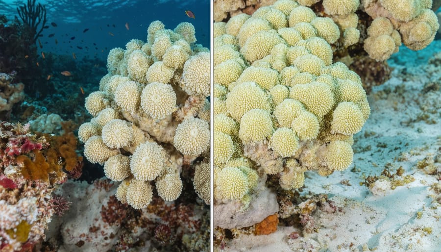 Underwater view of coral reef partially bleached white due to marine heatwave
