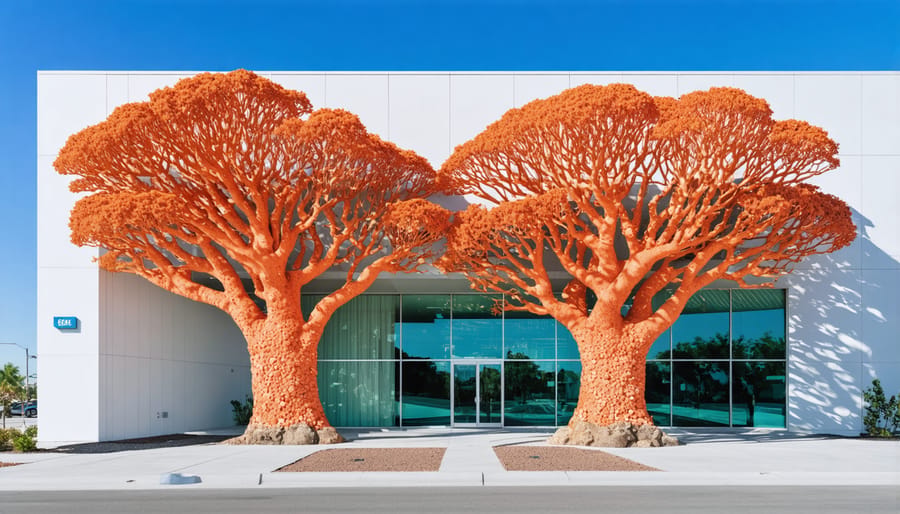 Modern building facade featuring geometric patterns inspired by coral structures