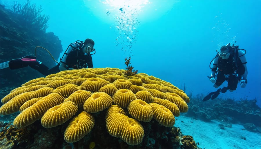 Underwater view of coral fragments growing on suspended lines in a coral nursery
