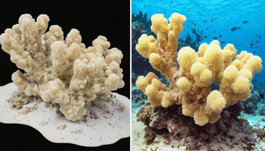 Split image showing healthy coral reef versus bleached coral reef with timestamp overlay