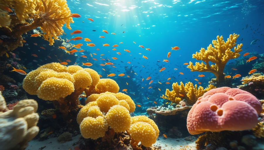 Underwater view of coral reef with diverse fish species and marine life