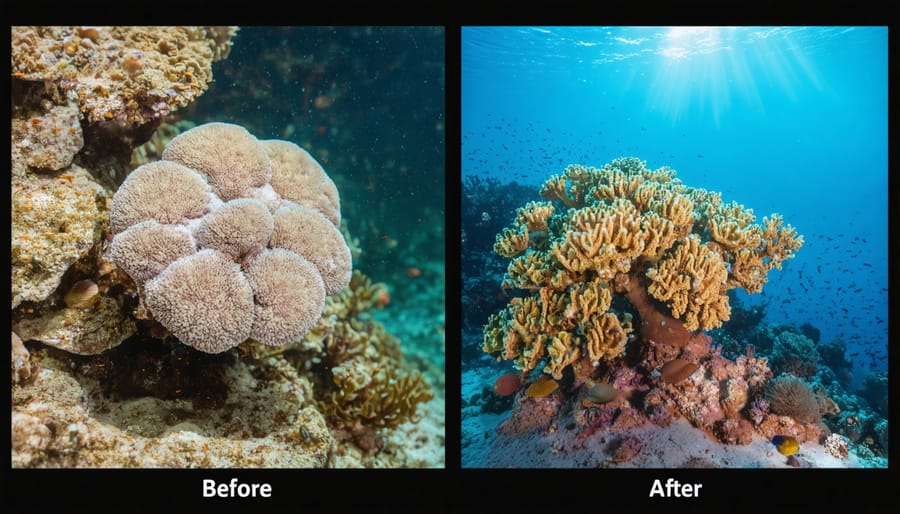 Side-by-side comparison of damaged coral reef and same reef after successful restoration