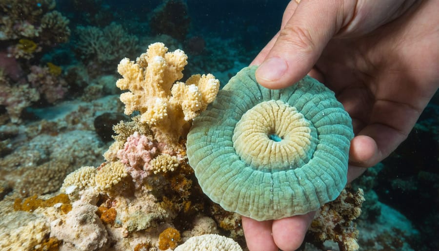 Scuba divers working on coral reef restoration project underwater