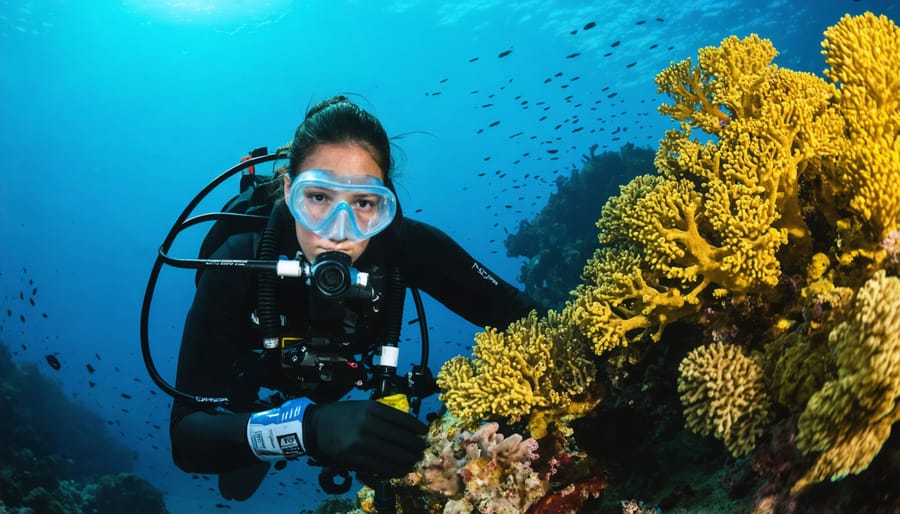 Scuba diver working on coral restoration project underwater