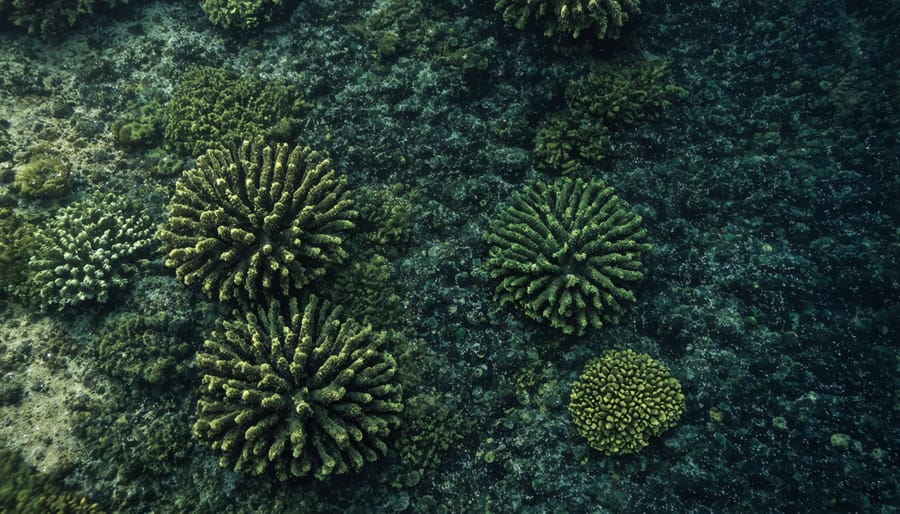 Diseased coral showing dark patches and algae overgrowth in close-up view
