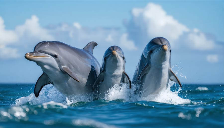 Pod of dolphins swimming in clear blue ocean waters