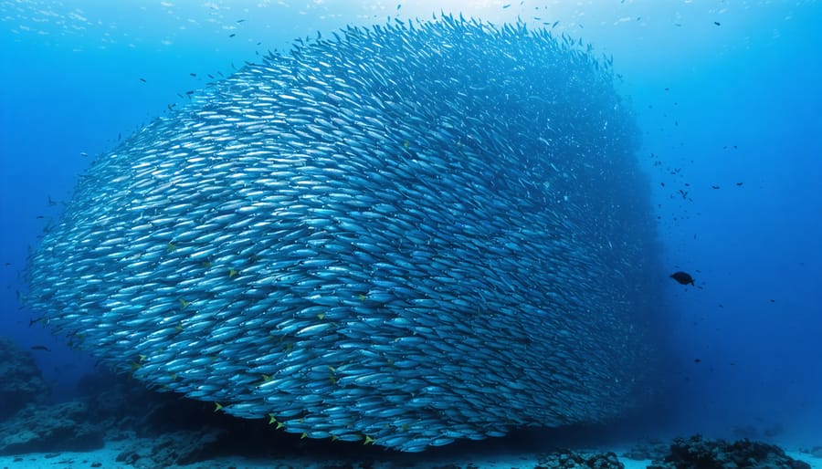 Large school of sardines swimming together in blue ocean waters