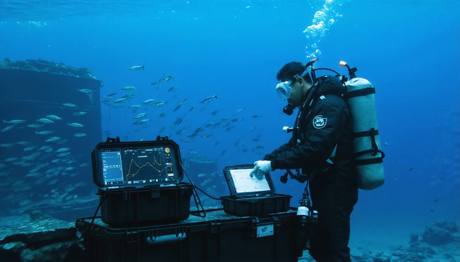 Marine biologists using advanced sonar technology to monitor fish populations