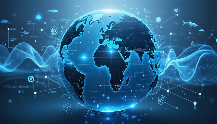 Abstract globe with digital network overlay, showcasing waves, marine life silhouettes, and digital icons to symbolize the global impact and connectivity of marine conservation webinars.