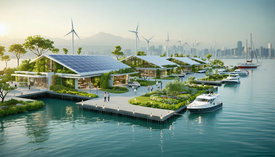 Illustration of an eco-friendly marina showcasing solar panels, wind turbines, and electric boat charging stations, surrounded by native vegetation and clear blue waters, symbolizing sustainable marine practices.