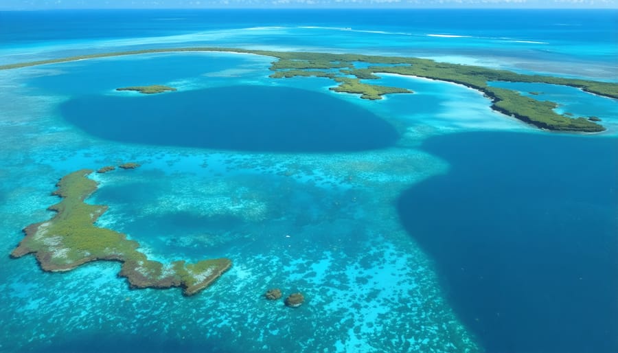 Drone photograph showing the protected marine area of Hā'ena, featuring coral reefs and coastal features