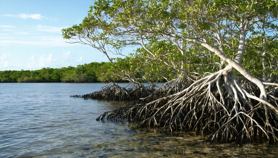 Coastal mangrove ecosystem showing intricate root systems and surrounding marine organisms