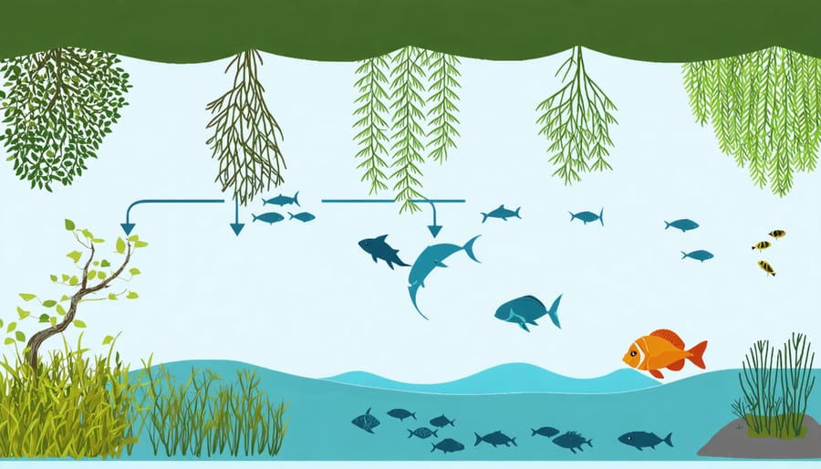 Diagram illustrating the ecological connections between mangroves and other marine ecosystems