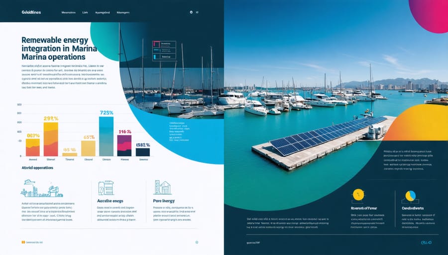 Visual diagram of solar, wind, and other renewable energy systems used in green marinas