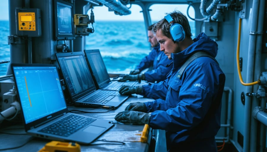 "Marine researchers on a vessel at sea, collecting data with advanced equipment under soft natural daylight, against an expansive ocean backdrop."