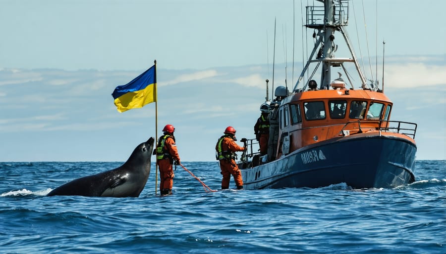 Rescue team members communicating with maritime signal flags during a stranding response