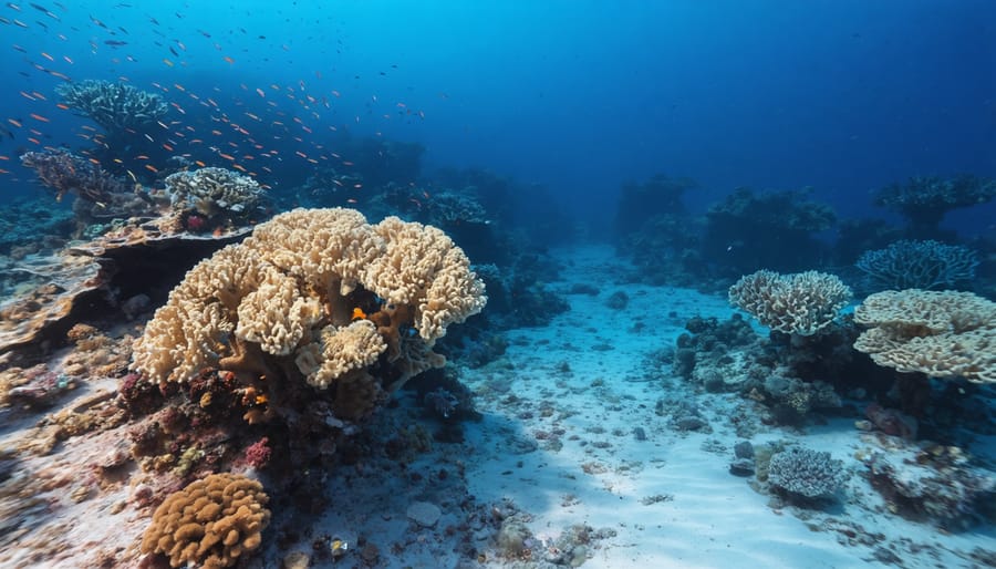 "Underwater view of a coral reef showing vibrant colors and bleached patches, illustrating the impact of marine heatwaves on ocean ecosystems."
