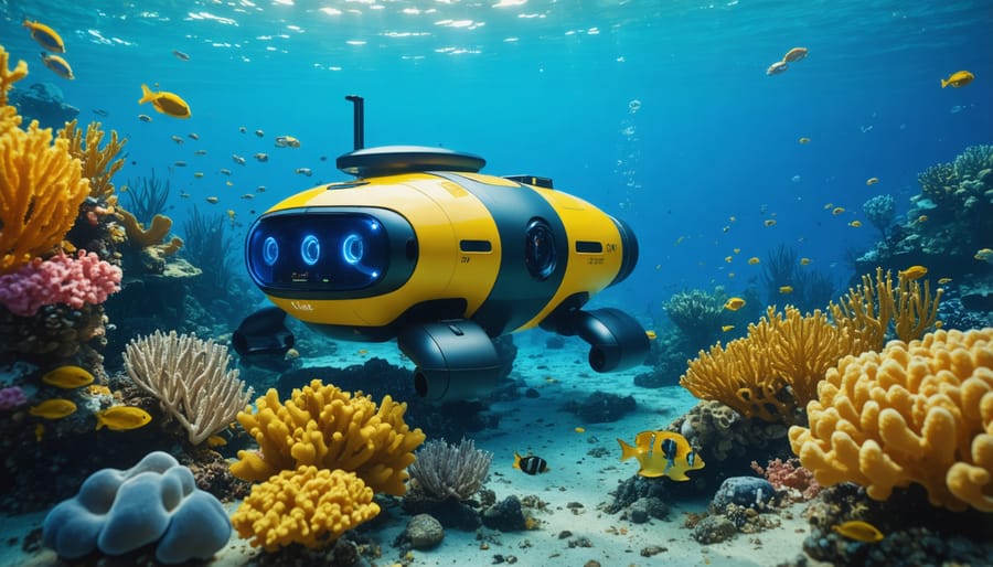 Underwater drone hovering near coral reef for environmental monitoring