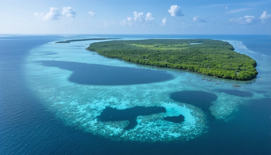 Aerial view of pristine coastline and marine protected area with clear waters
