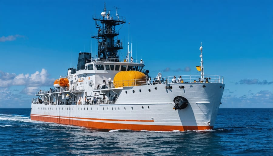 Research vessel with satellite equipment and monitoring systems at sunset