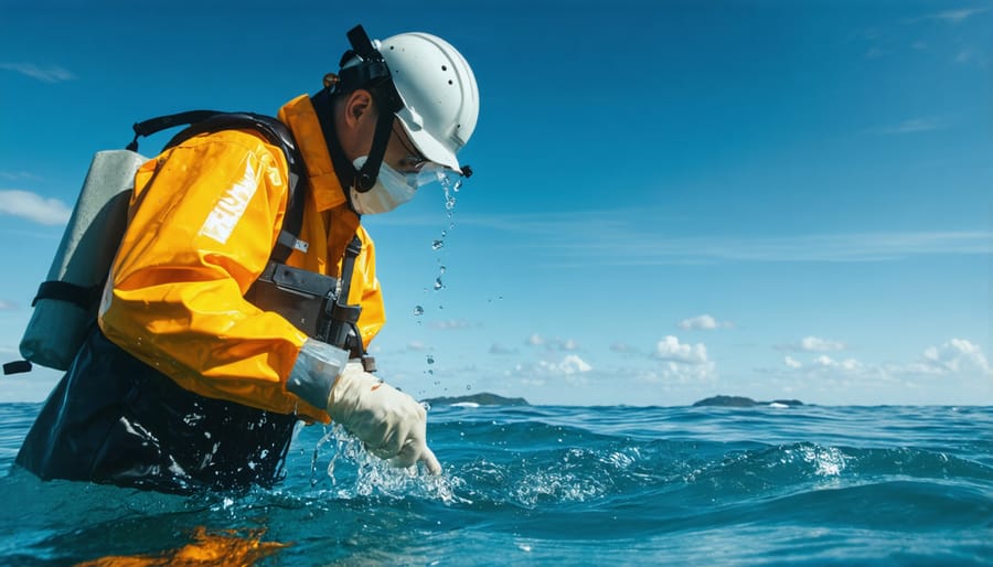 Researcher in protective gear collecting ocean water samples for environmental analysis