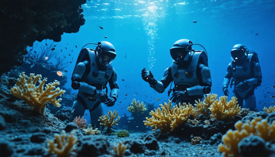 Marine biologist analyzing underwater data on laptop in research station
