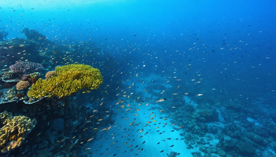 "Underwater scene depicting diverse marine life, including plankton, fish, and a whale, highlighting ecosystem biodiversity in the ocean."