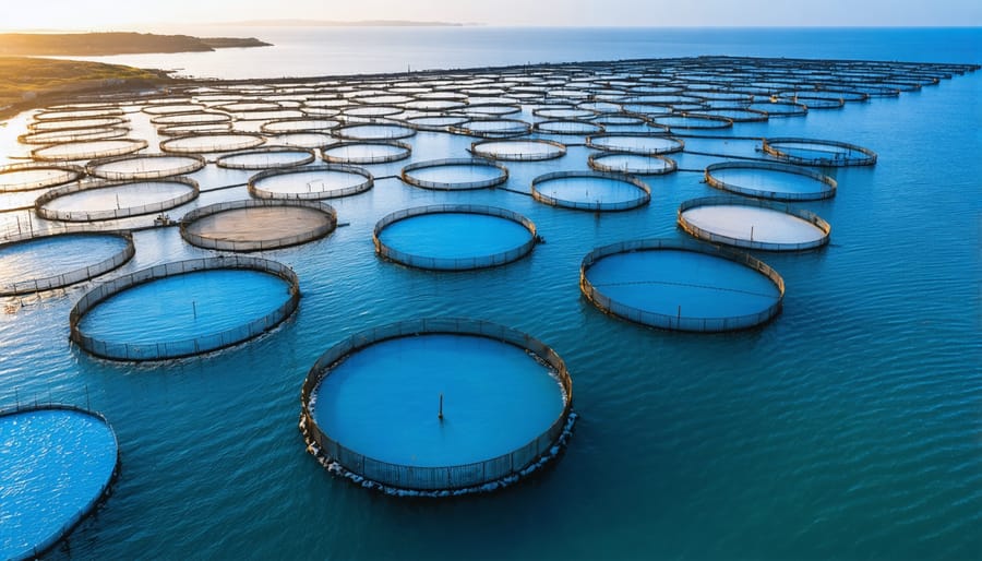 "Aerial view of circular fish farming pens in coastal waters during sunset, with a warm golden glow highlighting the aquaculture facility."