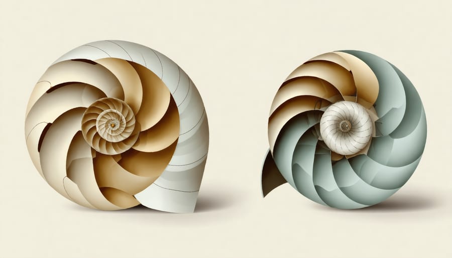 Nautilus shell positioned next to a curved modern building showing similar spiral patterns