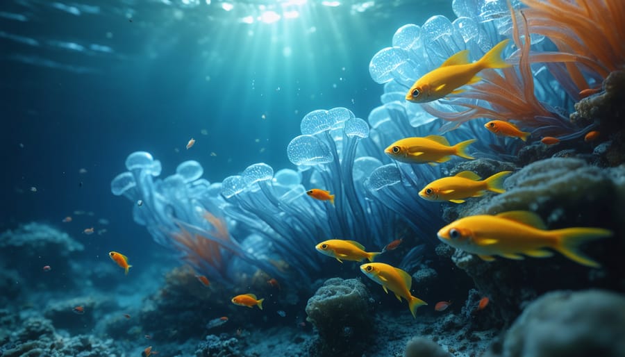 Underwater view of ocean current with visible nutrients and particles flowing through blue water
