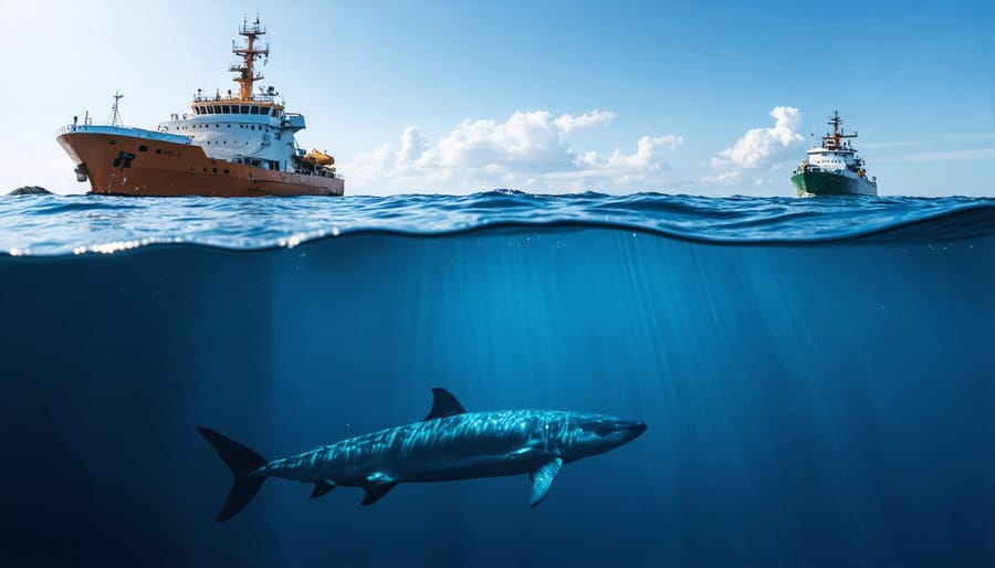 Marine scientist deploying oceanographic sensor equipment from research vessel