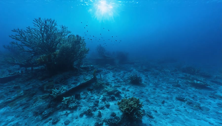 "An underwater view of a damaged coral reef on the ocean floor, with light filtering through the water and sparse marine life in the background."