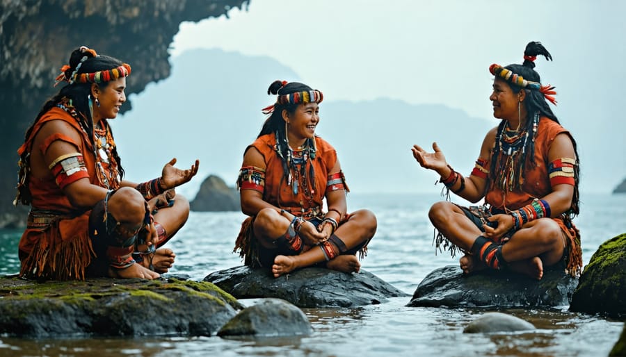 Multi-generational group gathered around fire for traditional storytelling session
