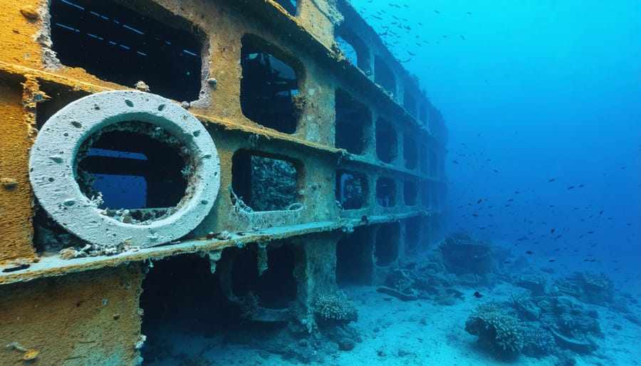 Underwater view of coral growth and tropical fish around OTEC structure