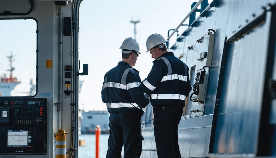 Maritime inspectors checking ship's environmental compliance documentation and equipment