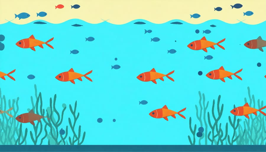 Visual representation of chemical alarm signals spreading through water and fish school response