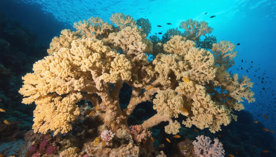 Underwater view of healthy coral reef with colorful fish swimming