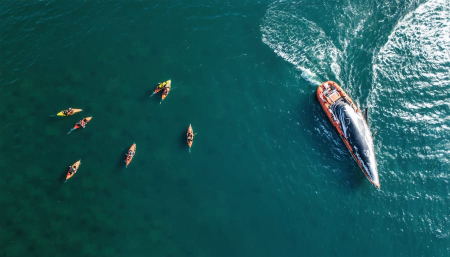 Overhead drone shot showing rescue team positions and coordination patterns on beach