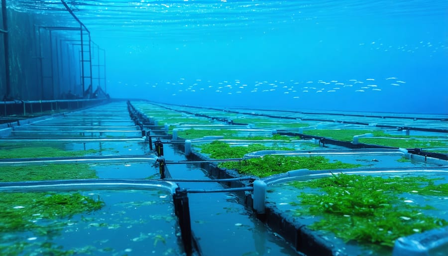 Modern floating aquaculture system with integrated seaweed cultivation