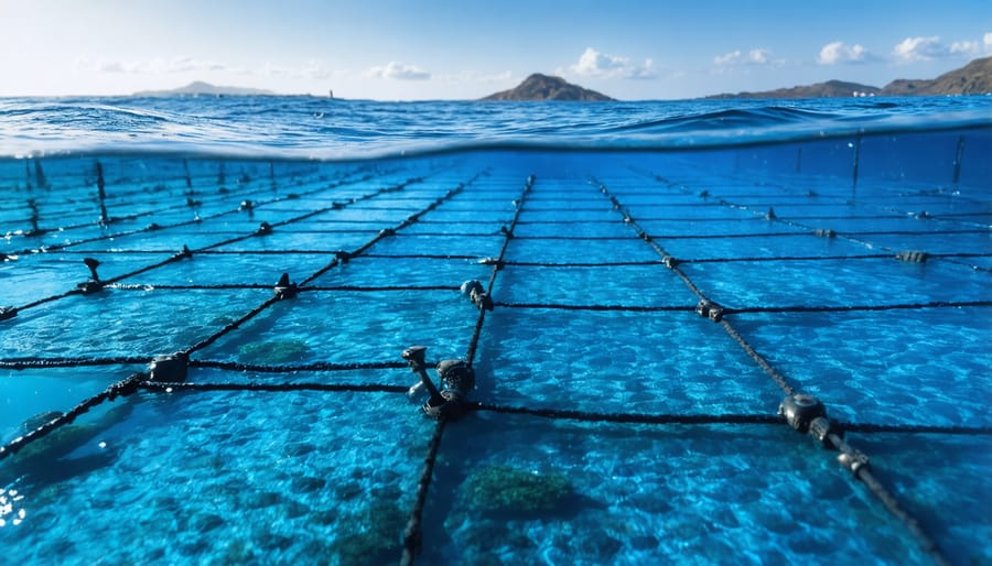 Aerial view of circular aquaculture nets in blue ocean waters