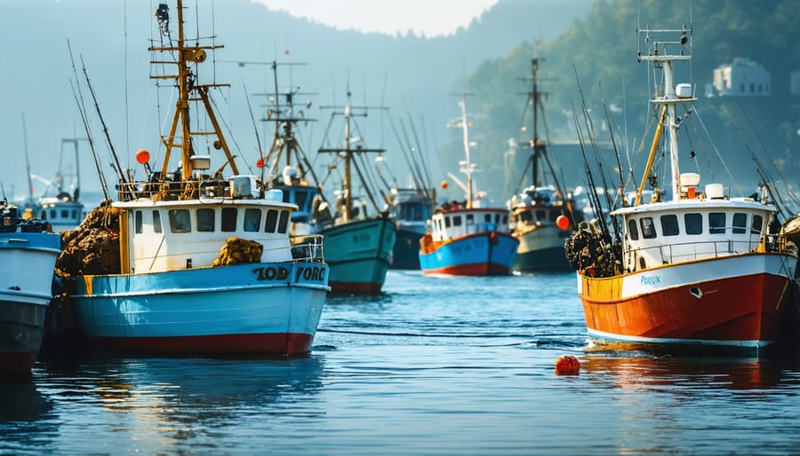Local fishermen displaying fresh catch at coastal market